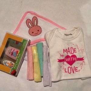 gift set. Onesie, hooded towel, bath stuff